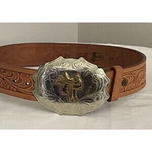 Justin Cowhide Leather Belt Saddle Buckle Western Cowboy USA Youth 24 Tooled